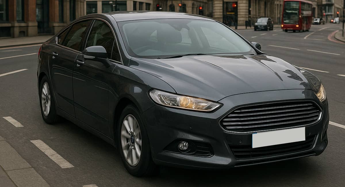 Dark grey sedan car driving on a city street