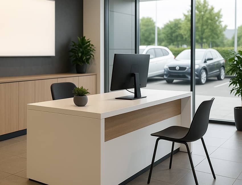 Modern vehicle rental office reception area with cars visible outside